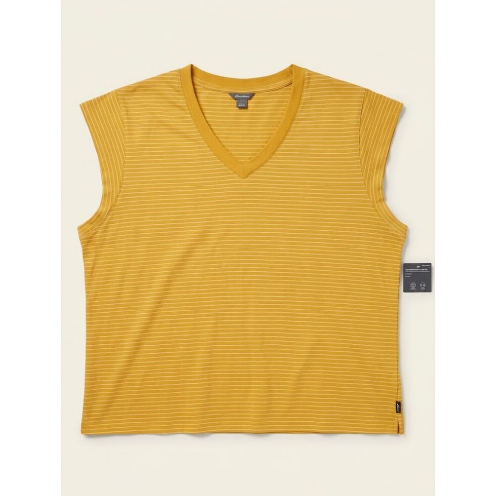 Eddie Bauer Sunwashed Stripe V Neck Top Womens XXL Mustard Yellow White NWT